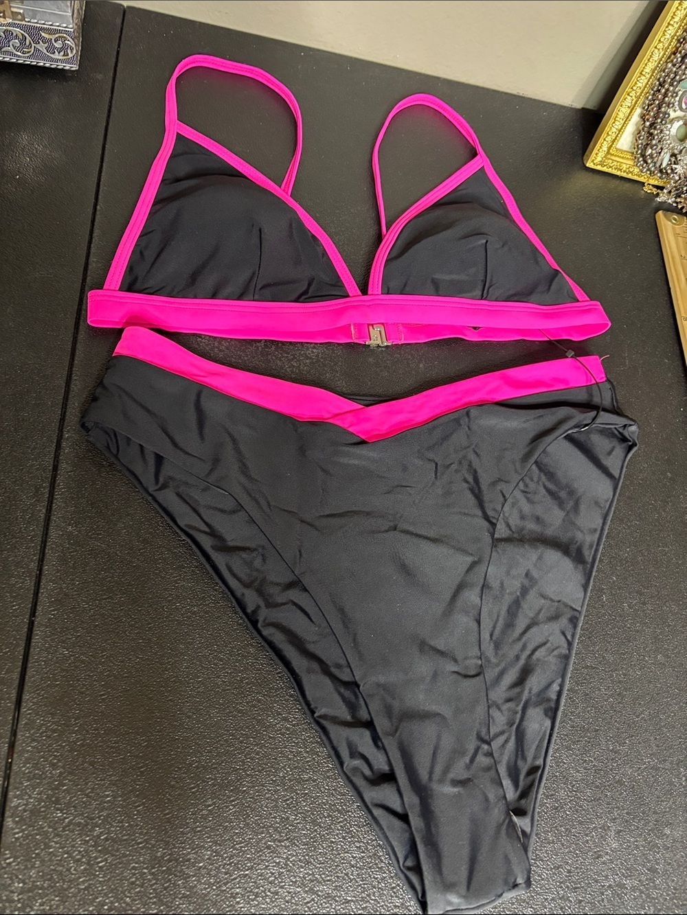New Women's Black Bikini with Hot Pink Trim - Classic Two-Piece Swim Set Large